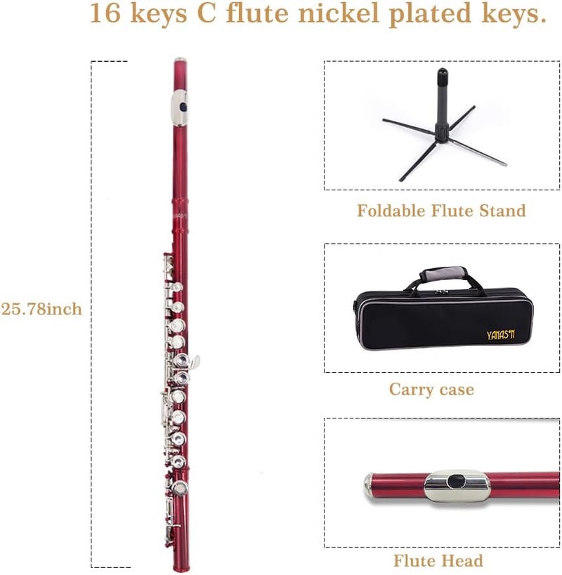 YANASON Red C Flute Closed Hole 16 Keys Flute Nickel-Plated for Beginner, Student and Professionals with Carrying case, Metal stand, Gloves, Tuning Rod, Cleaning kit(Red) - Image 2